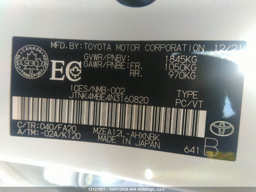 2022 Toyota Corolla Se VIN: JTNK4MBE4N3160820 Lot: 12121551