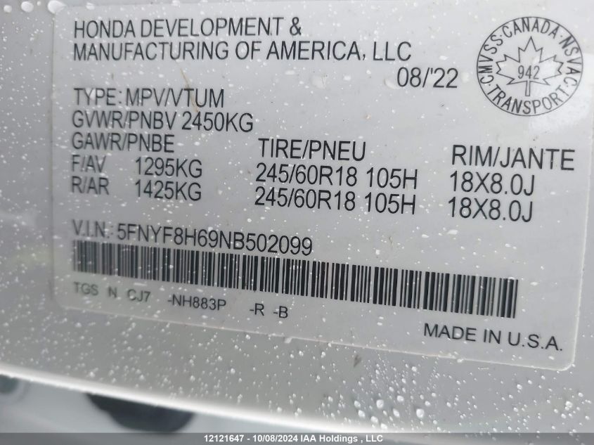 2022 Honda Passport VIN: 5FNYF8H69NB502099 Lot: 12121647