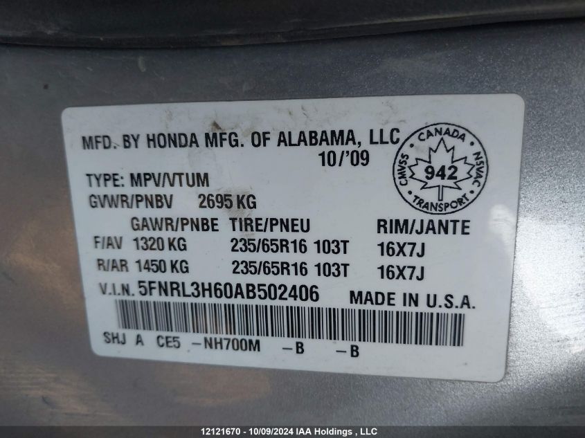 2010 Honda Odyssey VIN: 5FNRL3H60AB502406 Lot: 12121670