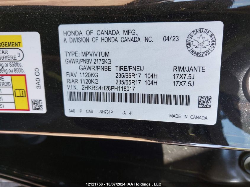 2023 Honda Cr-V VIN: 2HKRS4H28PH118017 Lot: 12121758