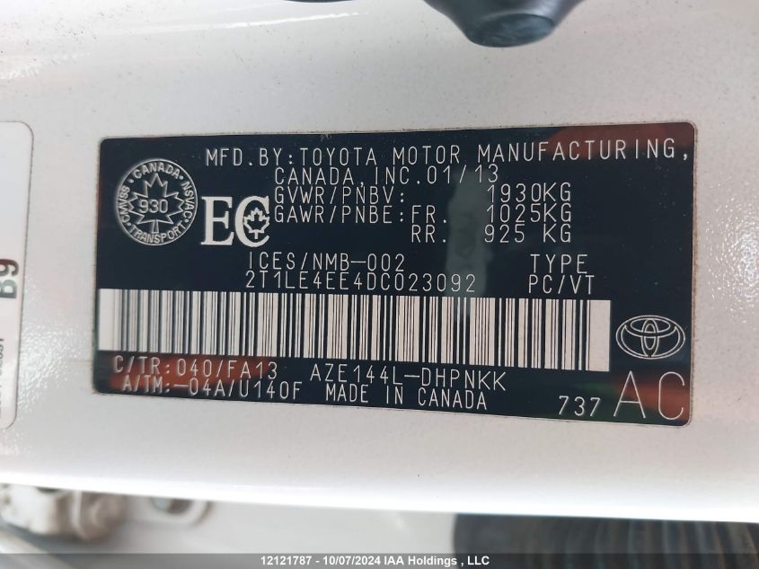 2013 Toyota Corolla Matrix S VIN: 2T1LE4EE4DC023092 Lot: 12121787