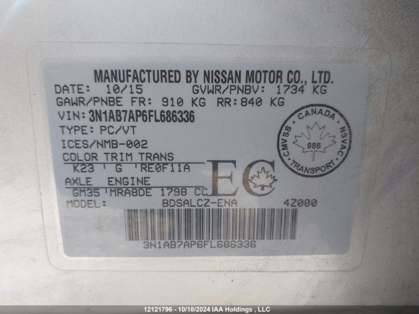 2015 Nissan Sentra VIN: 3N1AB7AP6FL686336 Lot: 12121796