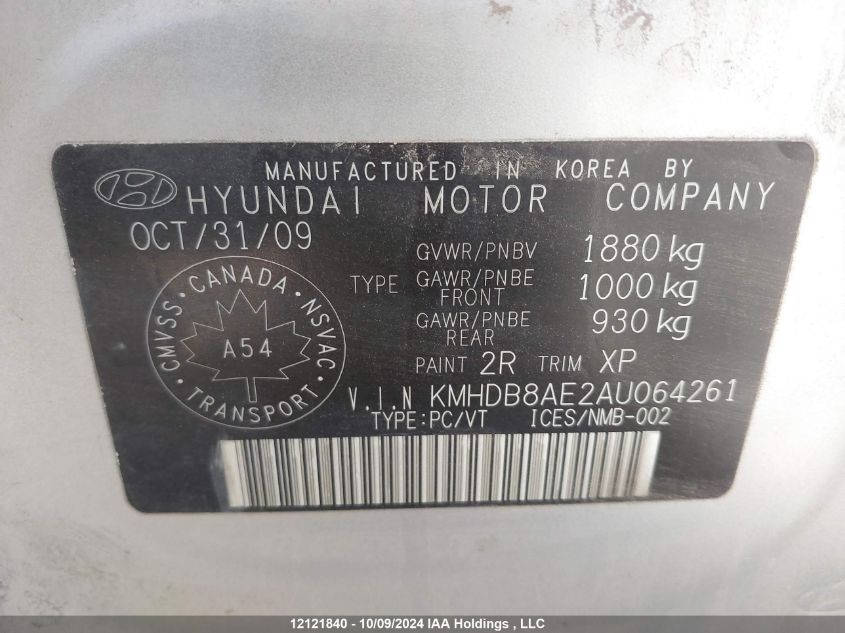 2010 Hyundai Elantra Touring Gls VIN: KMHDB8AE2AU064261 Lot: 12121840