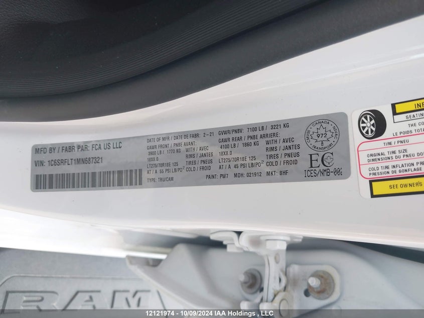 2021 Ram 1500 Rebel VIN: 1C6SRFLT1MN687321 Lot: 12121974