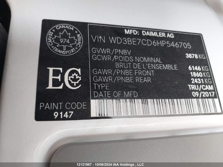 2017 Mercedes-Benz Sprinter S VIN: WD3BE7CD6HP546705 Lot: 12121987
