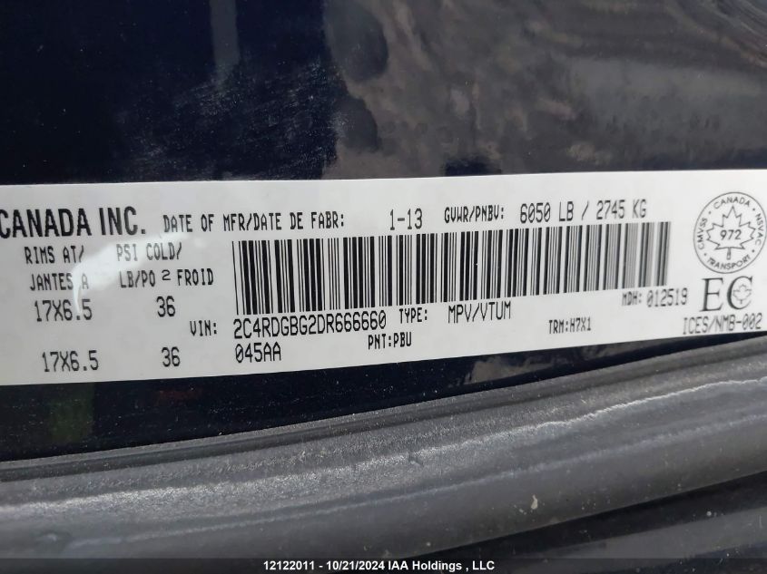 2013 Dodge Grand Caravan Se/Sxt VIN: 2C4RDGBG2DR666660 Lot: 12122011