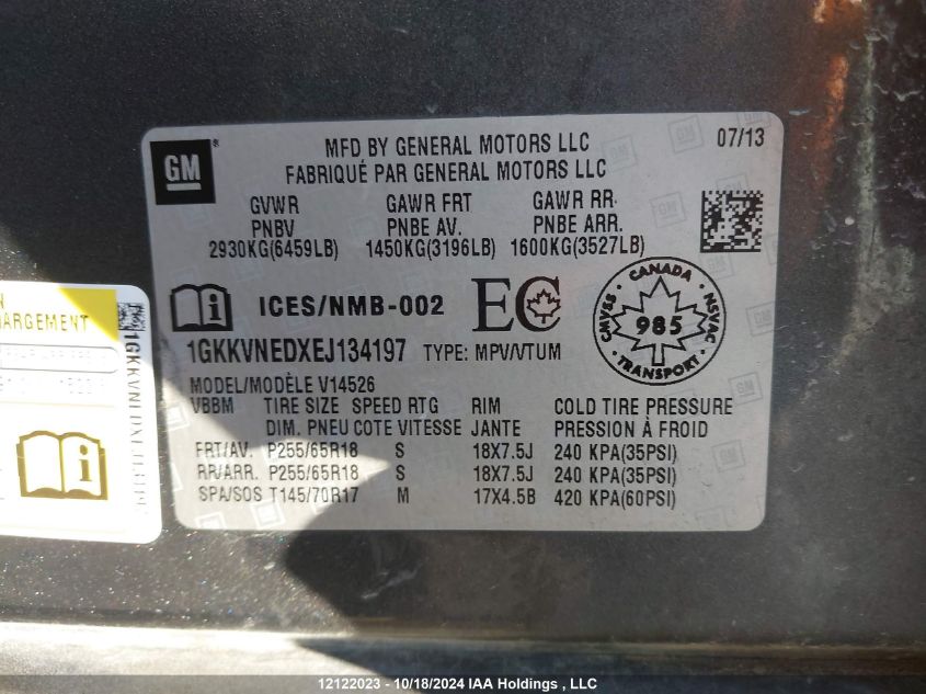 2014 GMC Acadia VIN: 1GKKVNEDXEJ134197 Lot: 12122023