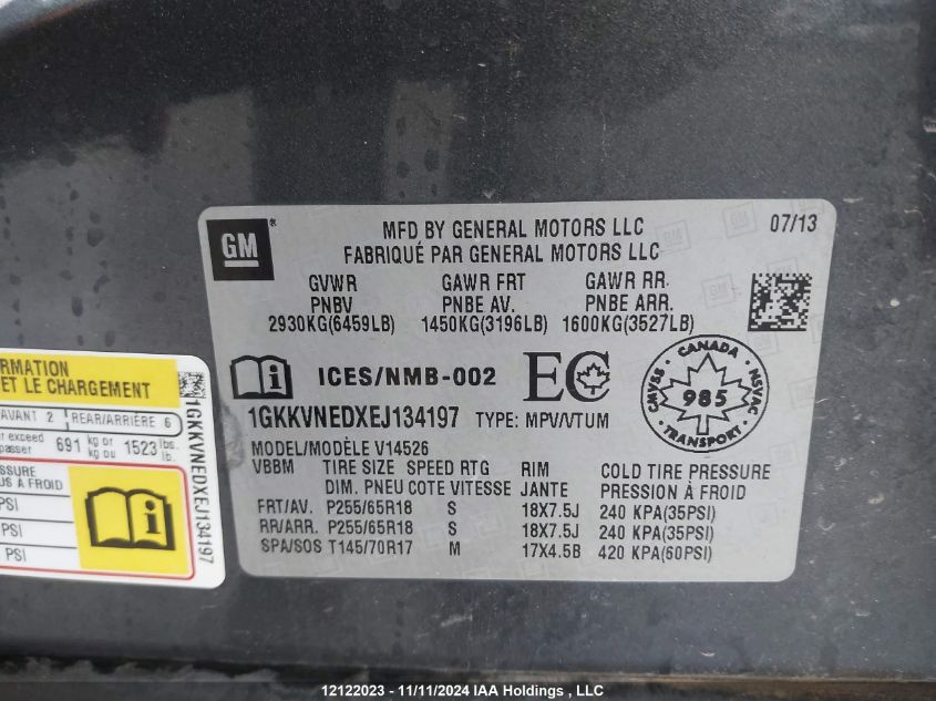 2014 GMC Acadia VIN: 1GKKVNEDXEJ134197 Lot: 12122023