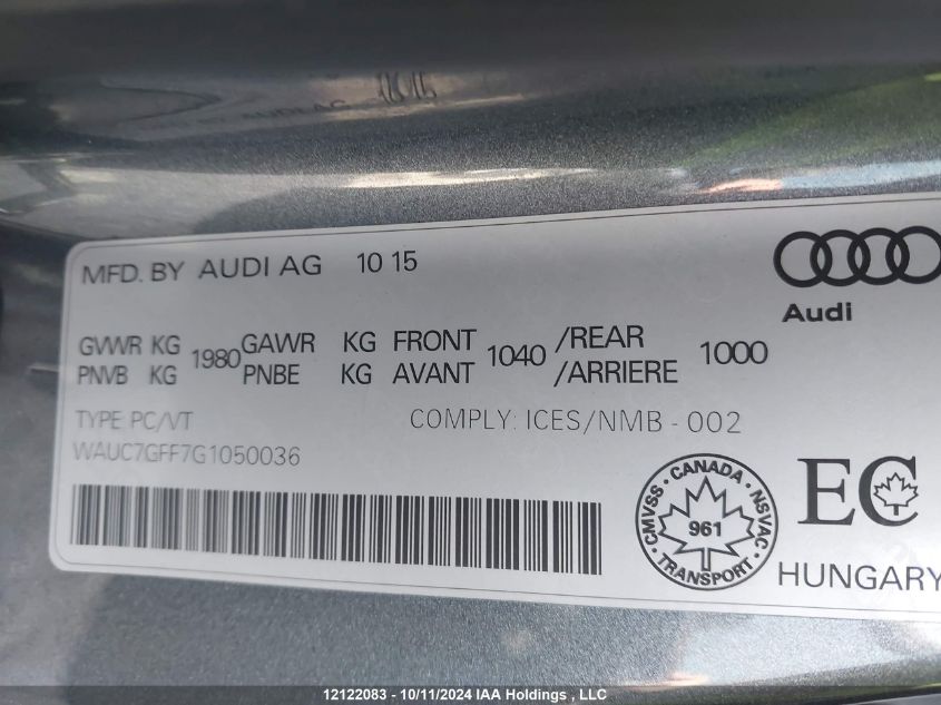 2016 Audi A3 VIN: WAUC7GFF7G1050036 Lot: 12122083