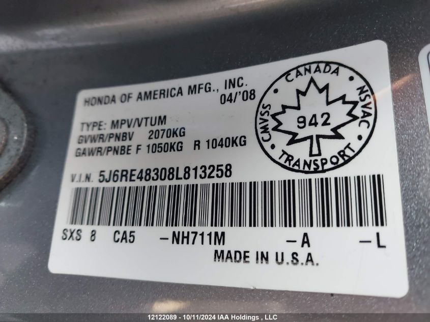 2008 Honda Cr-V VIN: 5J6RE48308L813258 Lot: 12122089