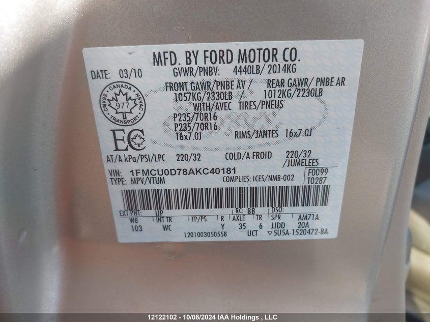 2010 Ford Escape Xlt VIN: 1FMCU0D78AKC40181 Lot: 12122102