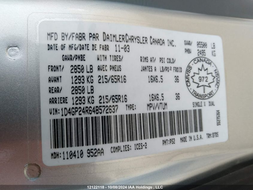 1D4GP24R64B572637 2004 Dodge Grand Caravan Se