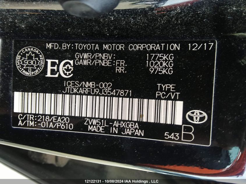 2018 Toyota Prius VIN: JTDKARFU9J3547871 Lot: 12122131