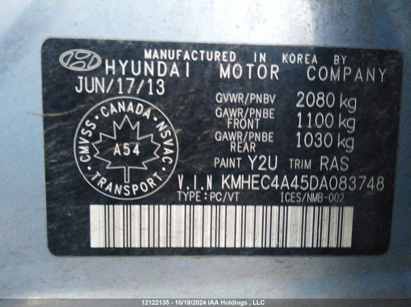 2013 Hyundai Sonata Hybrid Hybrid VIN: KMHEC4A45DA083748 Lot: 12122135