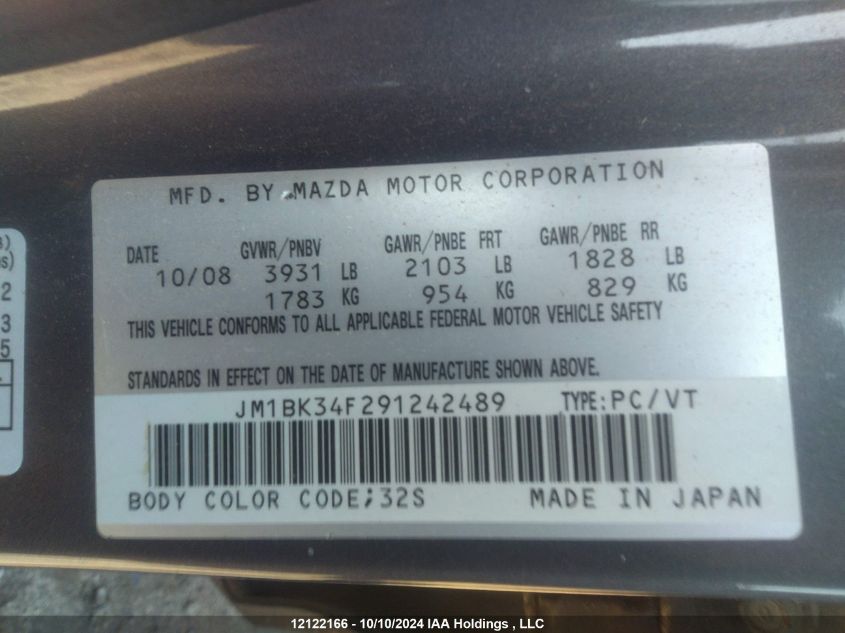 2009 Mazda Mazda3 VIN: JM1BK34F291242489 Lot: 12122166