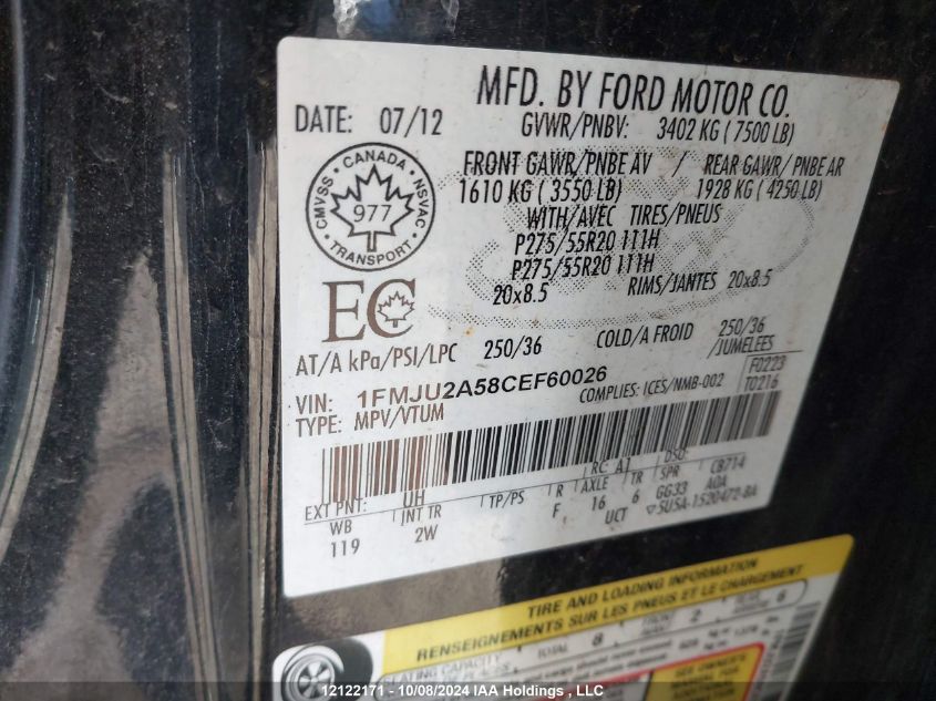 2012 Ford Expedition Limited VIN: 1FMJU2A58CEF60026 Lot: 12122171