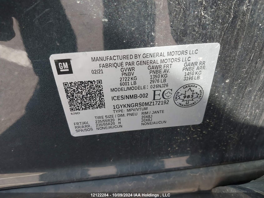 2021 Cadillac Xt5 VIN: 1GYKNGRS0MZ172192 Lot: 12122284