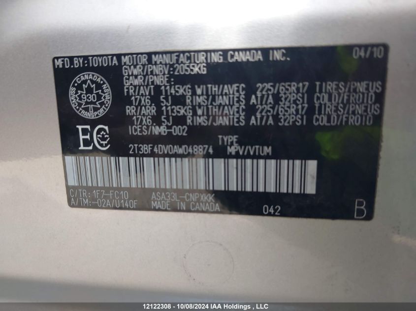 2010 Toyota Rav4 VIN: 2T3BF4DV0AW048874 Lot: 12122308