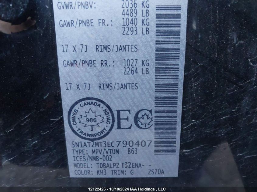 2014 Nissan Rogue VIN: 5N1AT2MT3EC790407 Lot: 12122425