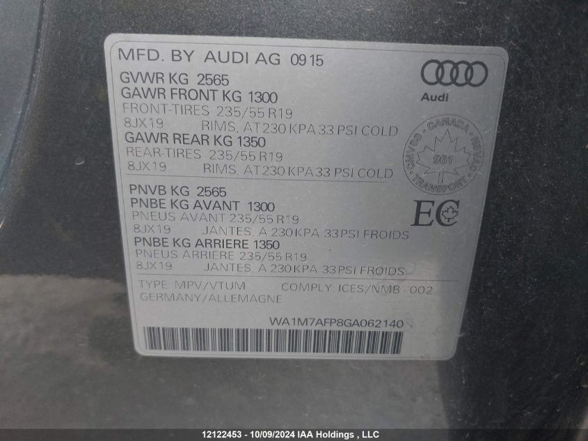 2016 Audi Q5 VIN: WA1M7AFP8GA062140 Lot: 12122453