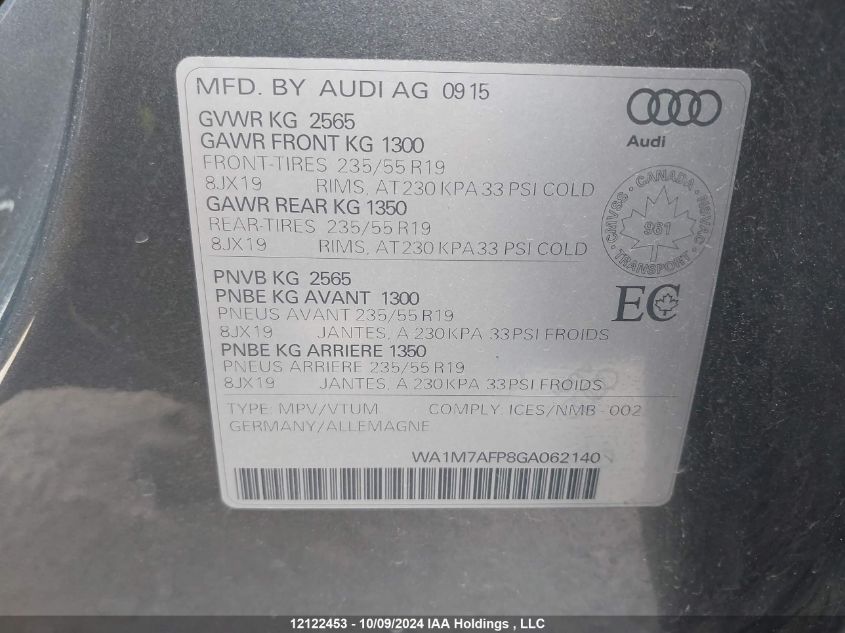 2016 Audi Q5 VIN: WA1M7AFP8GA062140 Lot: 12122453