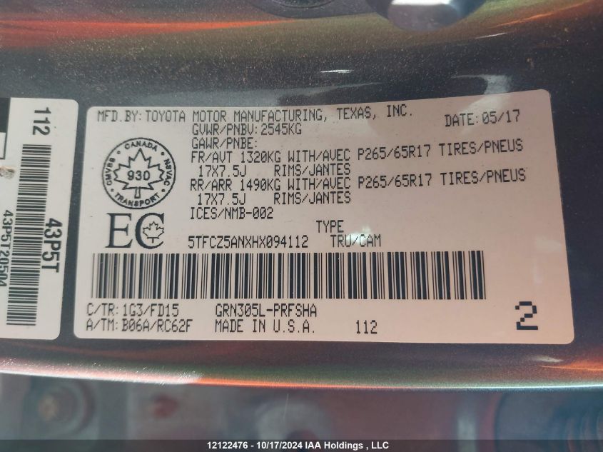 2017 Toyota Tacoma Trd Off Road/Trd Sport VIN: 5TFCZ5ANXHX094112 Lot: 12122476