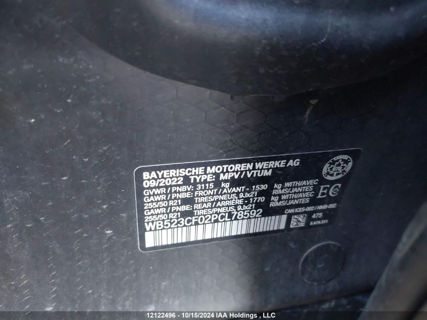 2023 BMW Ix VIN: WB523CF02PCL78592 Lot: 12122496