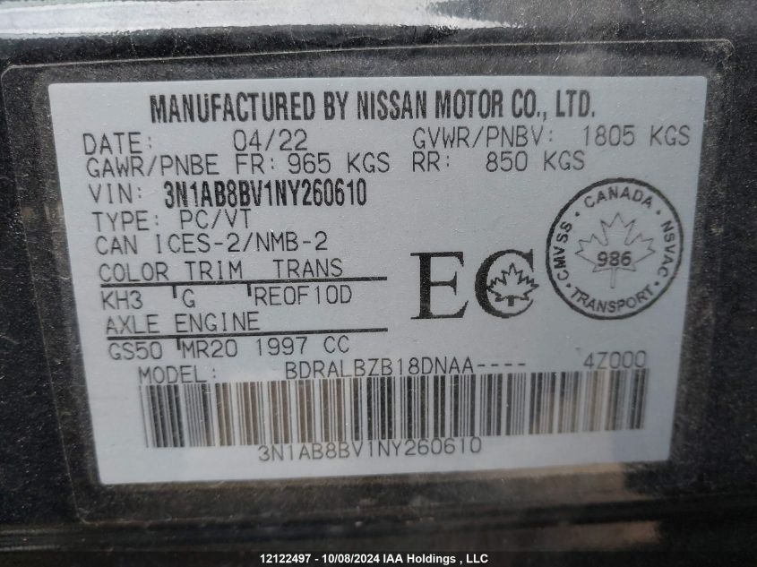 2022 Nissan Sentra VIN: 3N1AB8BV1NY260610 Lot: 12122497