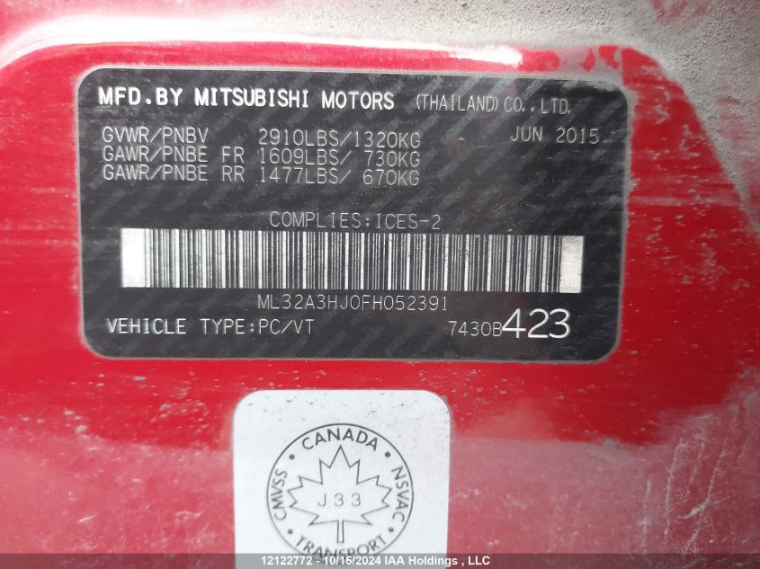 2015 Mitsubishi Mirage VIN: ML32A3HJ0FH052391 Lot: 12122772