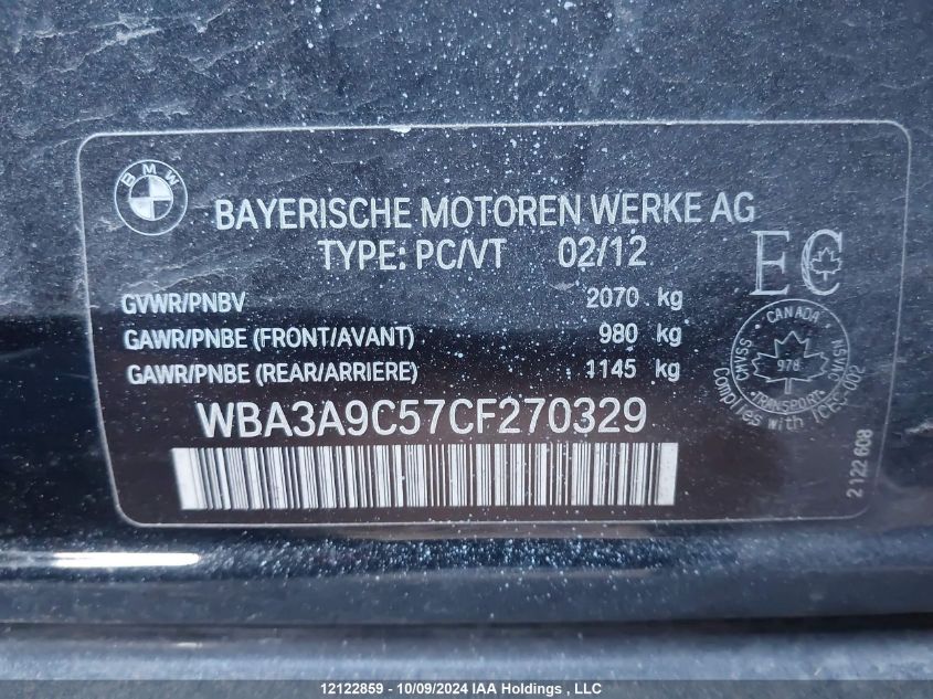 2012 BMW 3 Series VIN: WBA3A9C57CF270329 Lot: 12122859