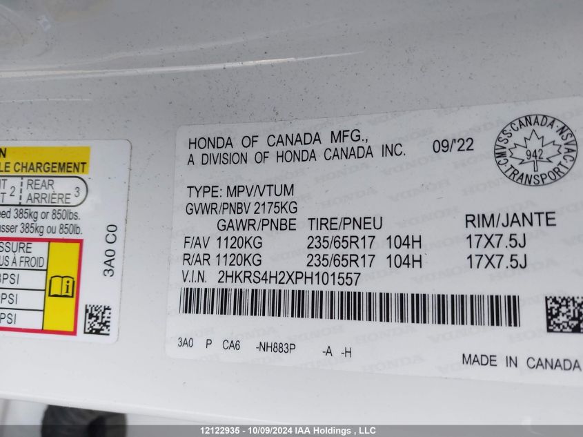 2023 Honda Cr-V VIN: 2HKRS4H2XPH101557 Lot: 12122935