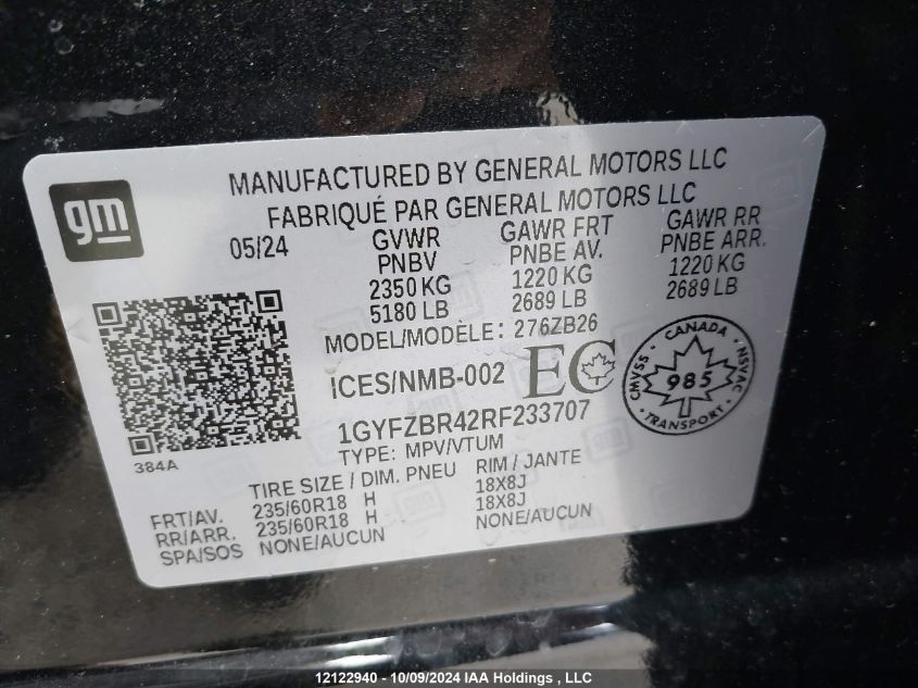 2024 Cadillac Xt4 VIN: 1GYFZBR42RF233707 Lot: 12122940