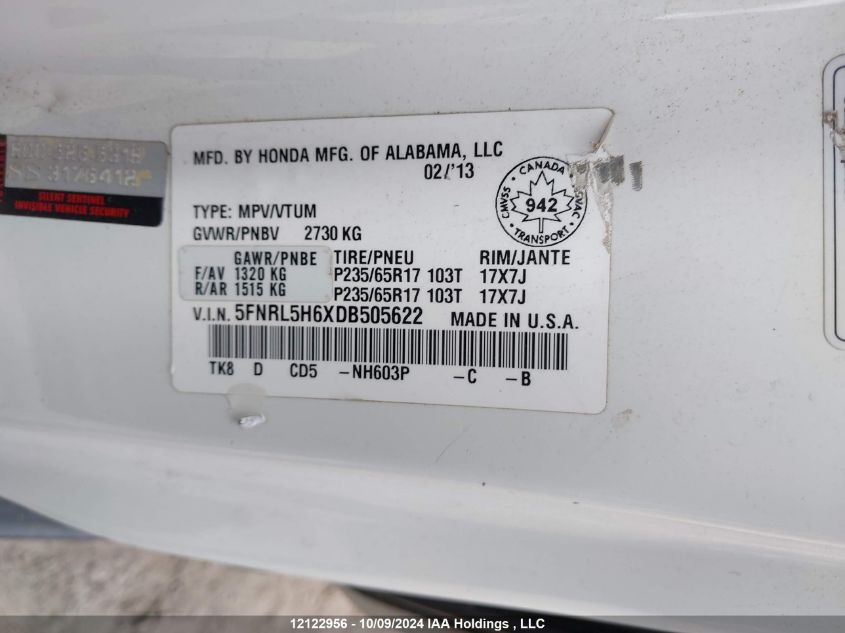 2013 Honda Odyssey Ex-L VIN: 5FNRL5H6XDB505622 Lot: 12122956