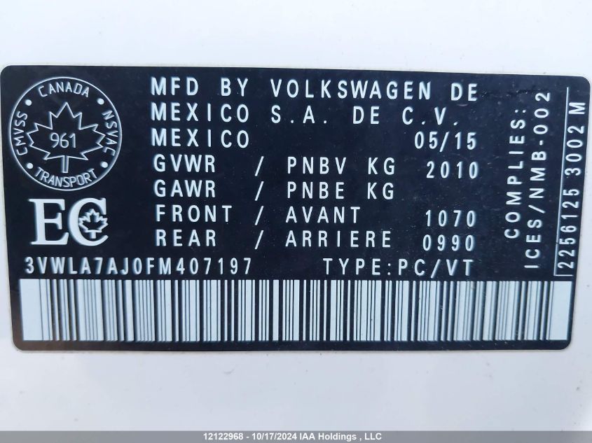 2015 Volkswagen Jetta Sedan VIN: 3VWLA7AJ0FM407197 Lot: 12122968