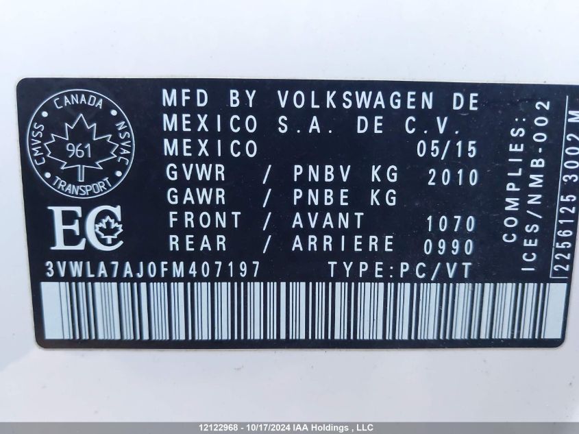 2015 Volkswagen Jetta Sedan VIN: 3VWLA7AJ0FM407197 Lot: 12122968