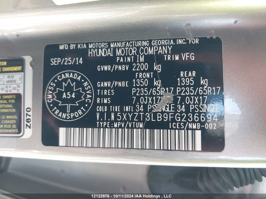 2015 Hyundai Santa Fe Sport 2.4 Base VIN: 5XYZT3LB9FG236694 Lot: 12122976