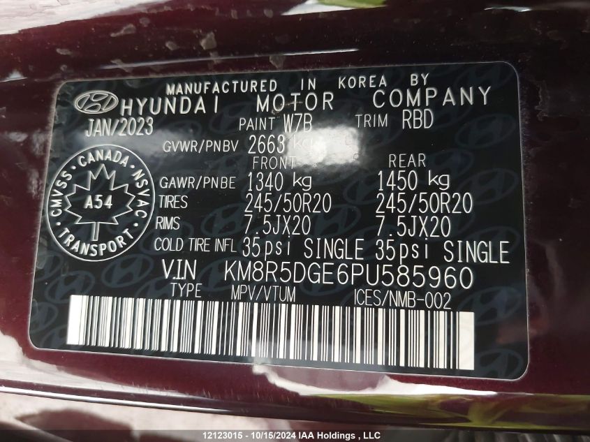 2023 Hyundai Palisade Limited VIN: KM8R5DGE6PU585960 Lot: 12123015