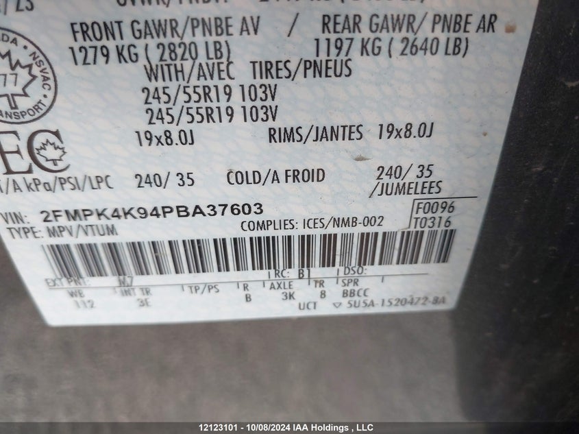 2023 Ford Edge Titanium VIN: 2FMPK4K94PBA37603 Lot: 12123101