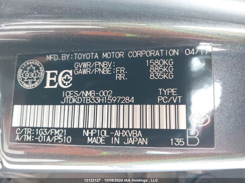 2017 Toyota Prius C VIN: JTDKDTB33H1597284 Lot: 12123127