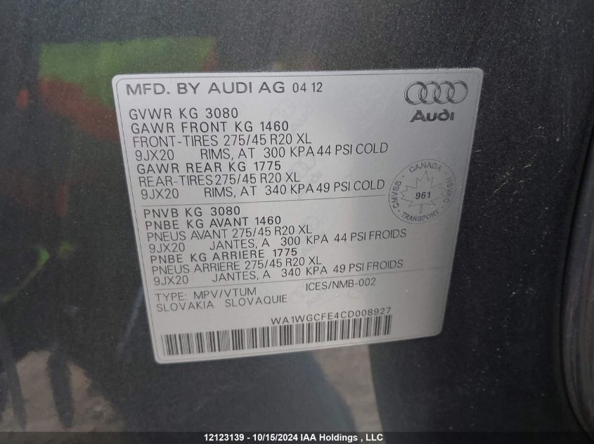 2012 Audi Q7 VIN: WA1WGCFE4CD008927 Lot: 12123139