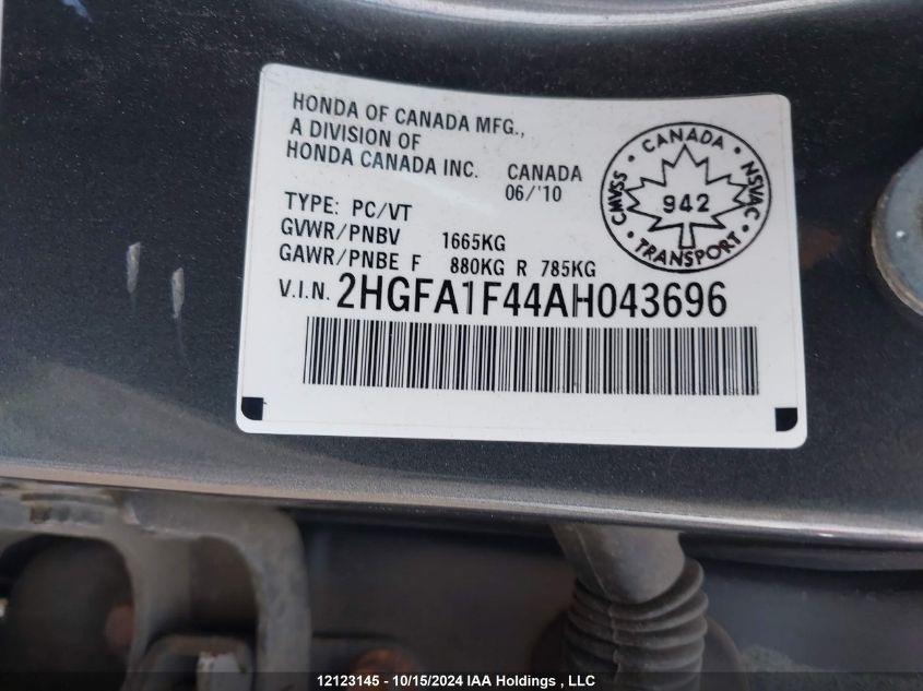 2010 Honda Civic Sdn VIN: 2HGFA1F44AH043696 Lot: 12123145