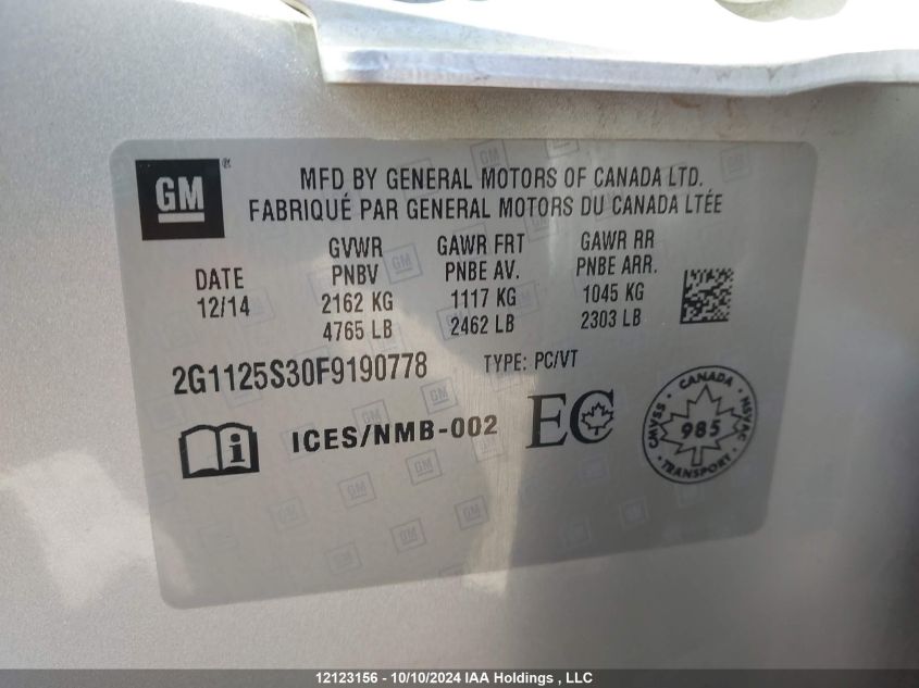 2015 Chevrolet Impala VIN: 2G1125S30F9190778 Lot: 12123156