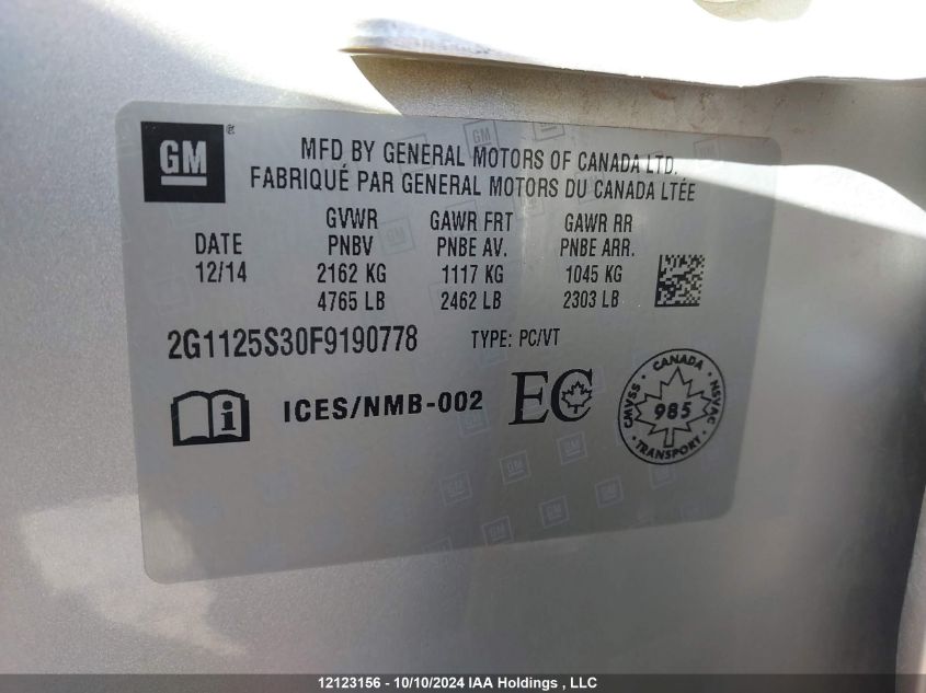 2015 Chevrolet Impala VIN: 2G1125S30F9190778 Lot: 12123156