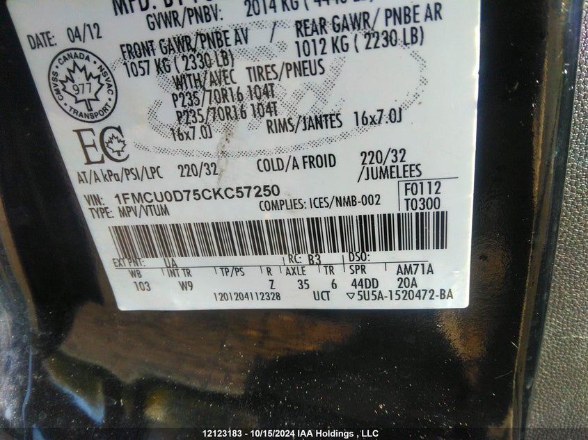 2012 Ford Escape Xlt VIN: 1FMCU0D75CKC57250 Lot: 12123183