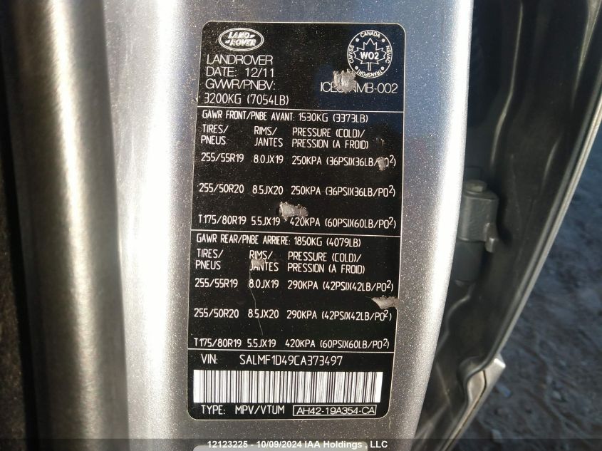 2012 Land Rover Range Rover VIN: SALMF1D49CA373497 Lot: 12123225