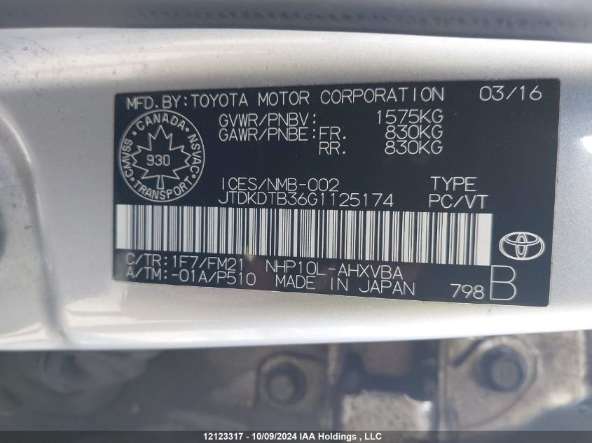 JTDKDTB36G1125174 2016 Toyota Prius C Technology