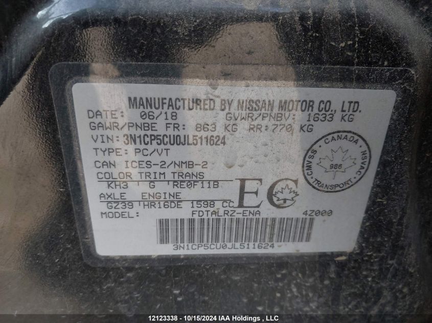 2018 Nissan Kicks VIN: 3N1CP5CU0JL511624 Lot: 12123338