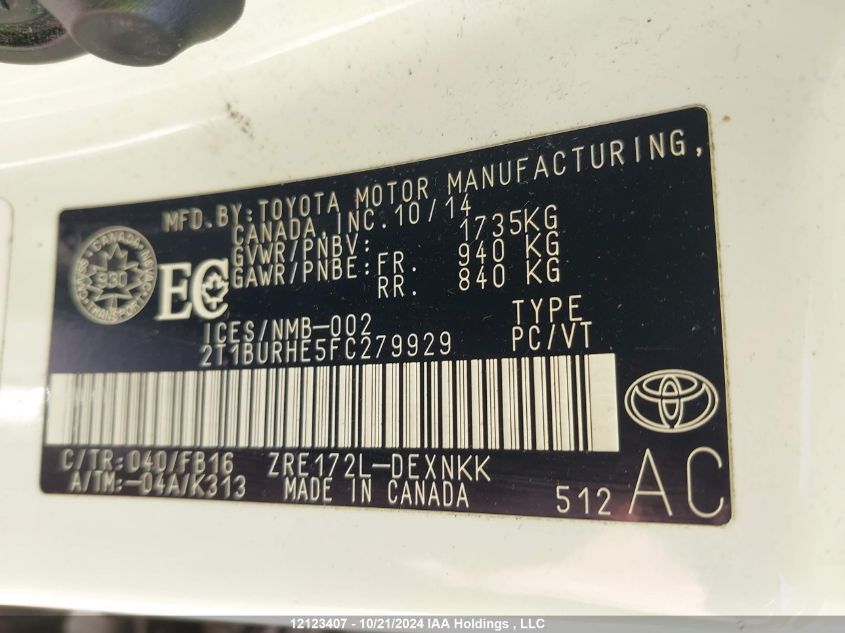 2015 Toyota Corolla VIN: 2T1BURHE5FC279929 Lot: 12123407