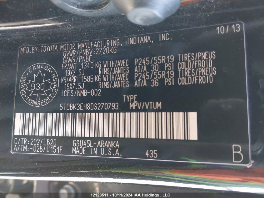2013 Toyota Highlander V6 VIN: 5TDBK3EH8DS270793 Lot: 12123511