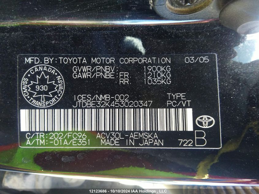 2005 Toyota Camry Le/Xle/Se VIN: JTDBE32K453020347 Lot: 12123686